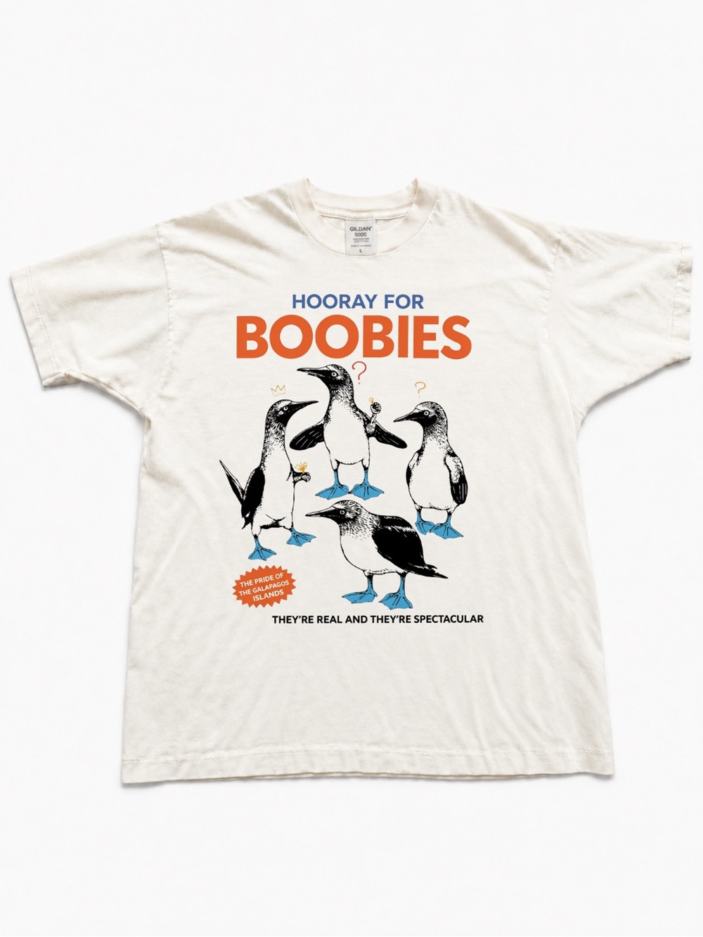Cream Tee Blue-Footed Booby Graphic and Orange Text T-shirt